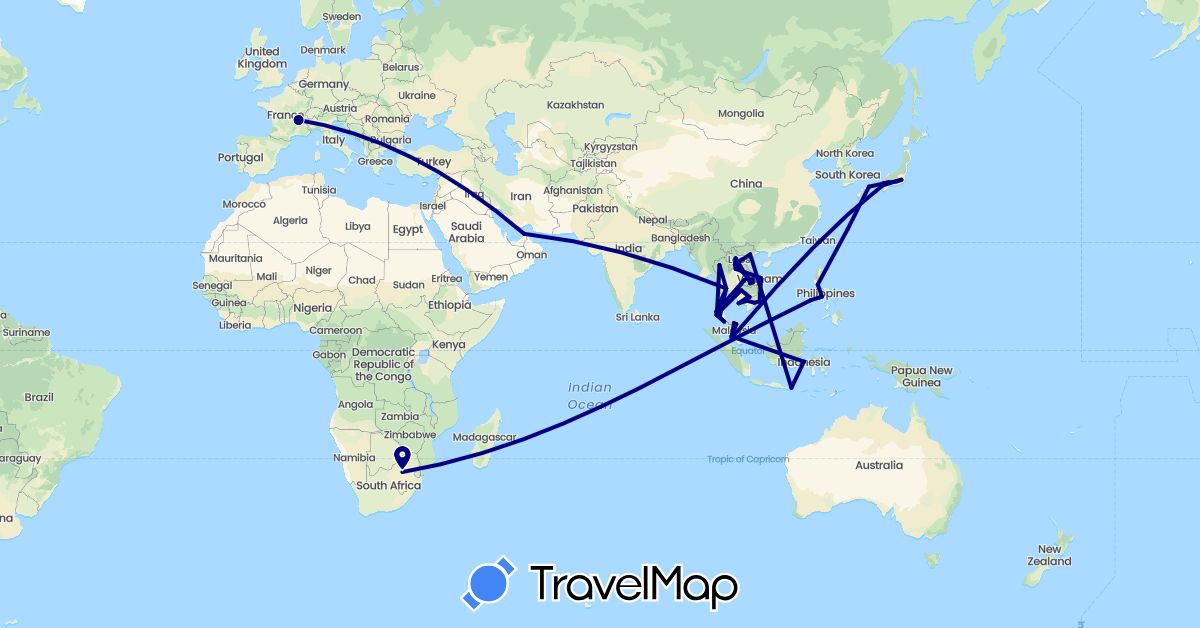 TravelMap itinerary: driving in United Arab Emirates, France, Indonesia, Japan, Cambodia, Laos, Malaysia, Philippines, Thailand, Vietnam, South Africa (Africa, Asia, Europe)
